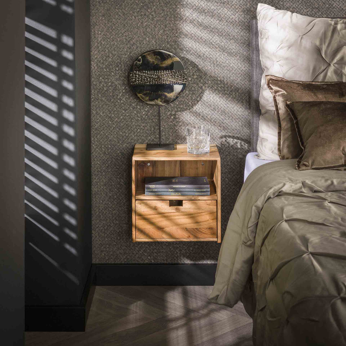 Bedside Tables - Floating Bedside Tables Set of 2 Ceriel Acacia Wood with 1 Drawer and Open Compartment - Dimehouse