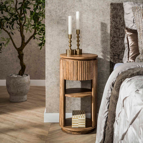 Bedside tables - Lio Round bedside table Mango wood Sand 1 Drawer - Dimehouse