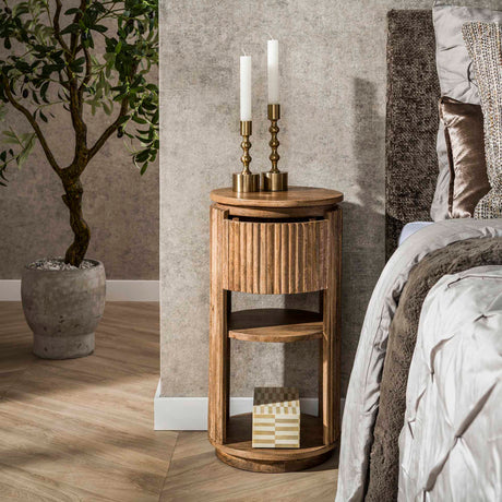 Bedside tables - Lio Round bedside table Mango wood Sand 1 Drawer - Dimehouse