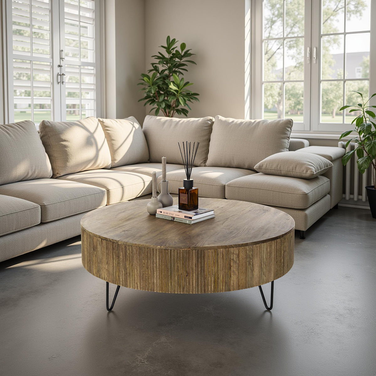 Coffee tables - Round Coffee Table Lio Mango wood Ø120 cm Sand color - Dimehouse
