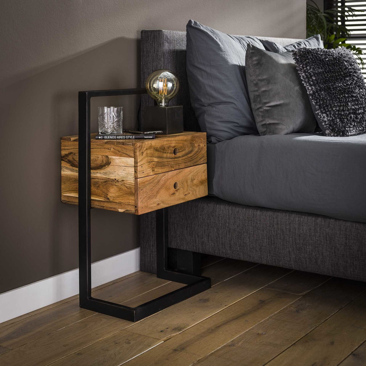 Bedside table Camila 2L DH Interior Acacia LxWxH 82x50x30 Acacia wood Ambient photo diagonal front view