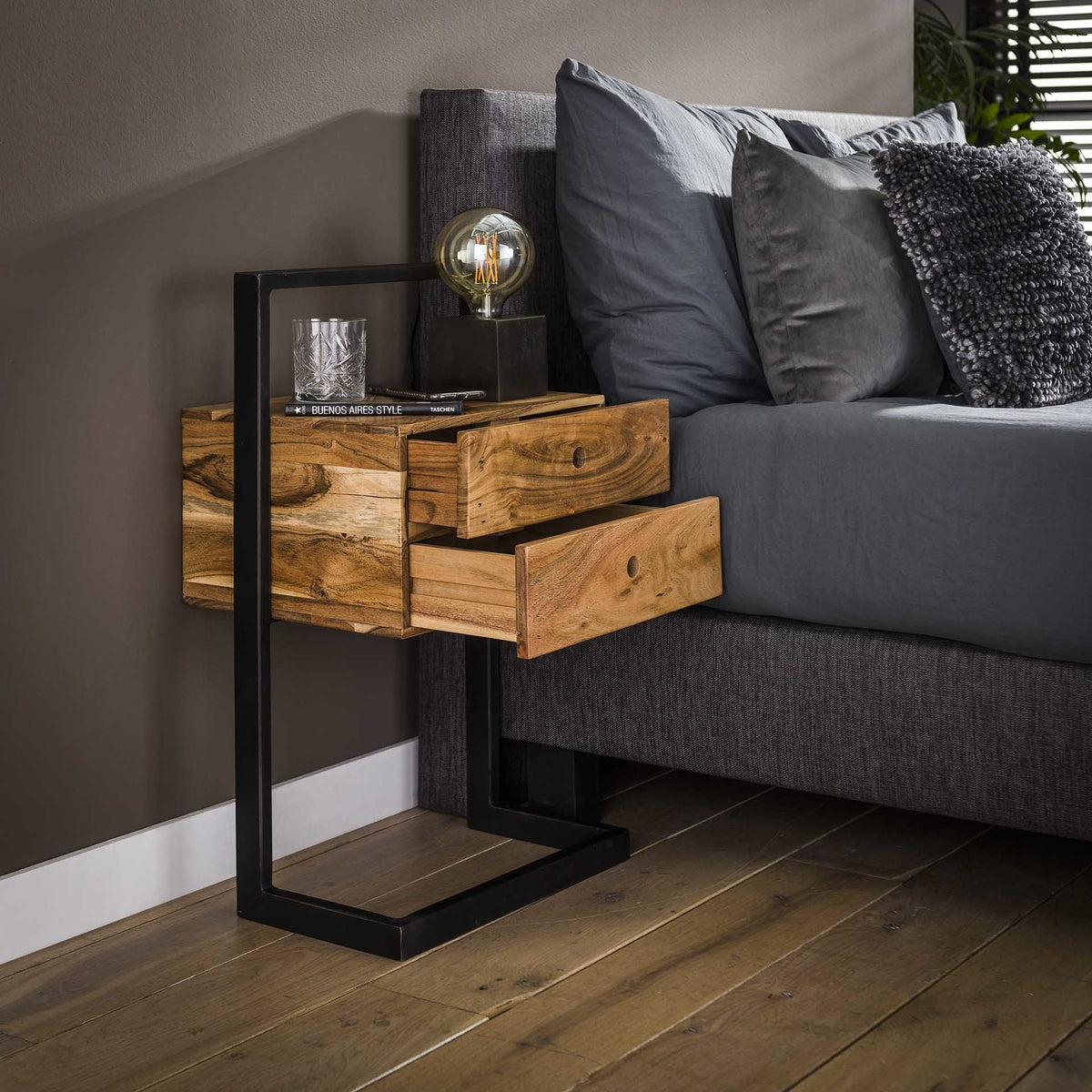 Bedside table Camila 2L DH Interior Acacia LxWxH 82x50x30 Acacia wood Ambient photo diagonal front view