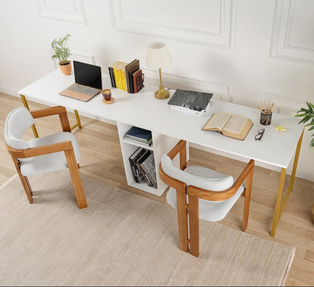 Desks - Study desk Melamine 240x60 cm Twin Study Desk white and gold White Gold - Dimehouse