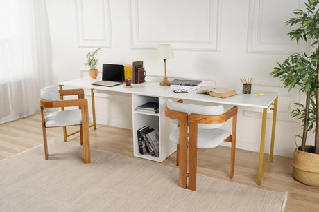 Desks - Study desk Melamine 240x60 cm Twin Study Desk white and gold White Gold - Dimehouse
