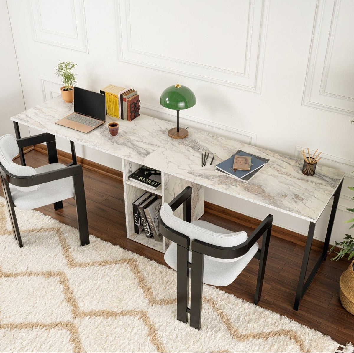 Desks - Twin Study Desk Study Desk Freesia Marble Black 240x60 cm Melamine - Dimehouse