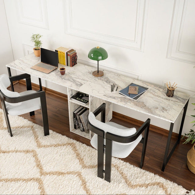 Desks - Twin Study Desk Study Desk Freesia Marble Black 240x60 cm Melamine - Dimehouse