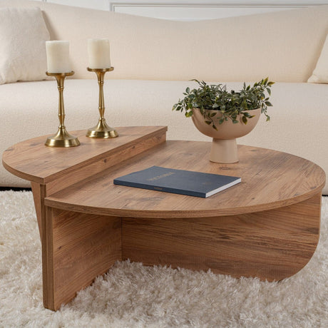 Coffee Tables - Round Coffee Table Atlantic Pine Wood Stepped Melamine 90 cm Orin - Dimehouse