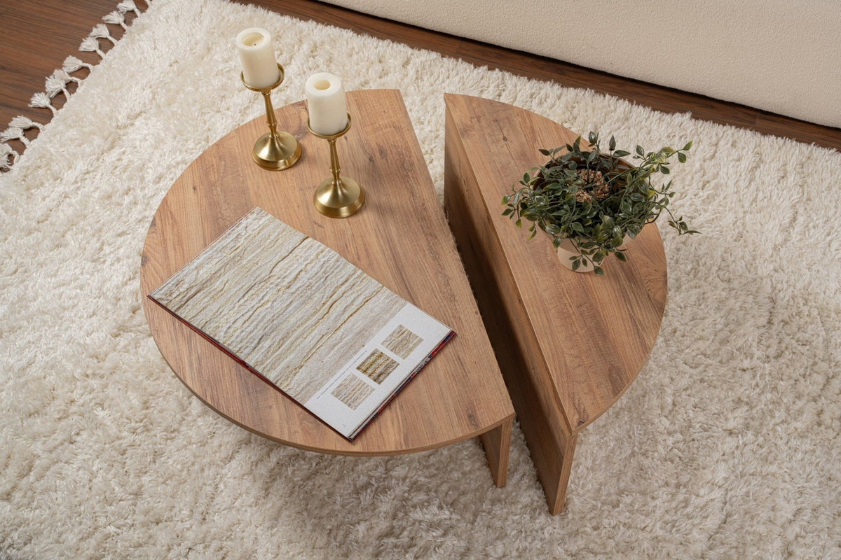 Coffee Tables - Round Coffee Table Atlantic Pine Wood Stepped Melamine 90 cm Orin - Dimehouse