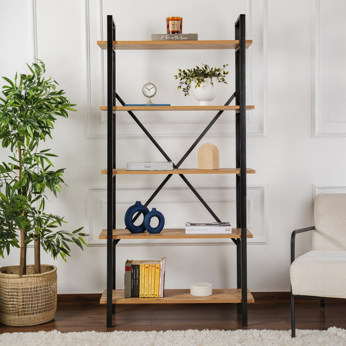 Bookcases - Industrial bookcase pine wood melamine Ely - black frame - 180x90 cm - Dimehouse
