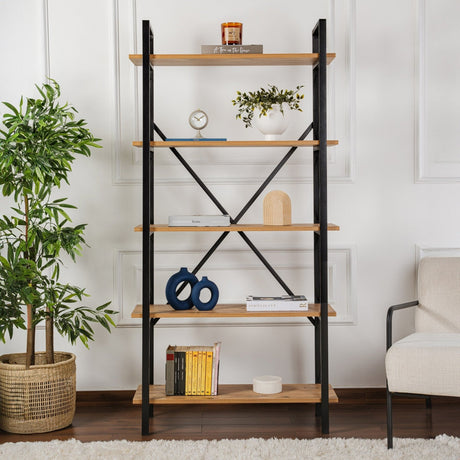 Bookcases - Industrial bookcase pine wood melamine Ely - black frame - 180x90 cm - Dimehouse