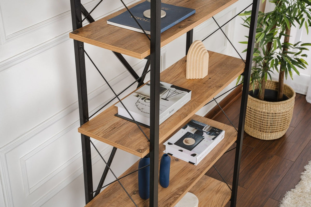 Bookcases - Industrial bookcase pine wood melamine Ely - black frame - 180x90 cm - Dimehouse