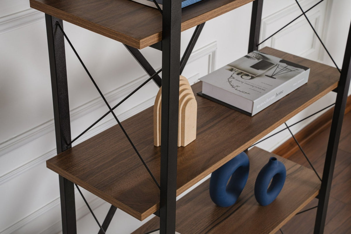 Bookcases - Industrial bookcase walnut melamine Ely - black frame - 180x90 cm - Dimehouse