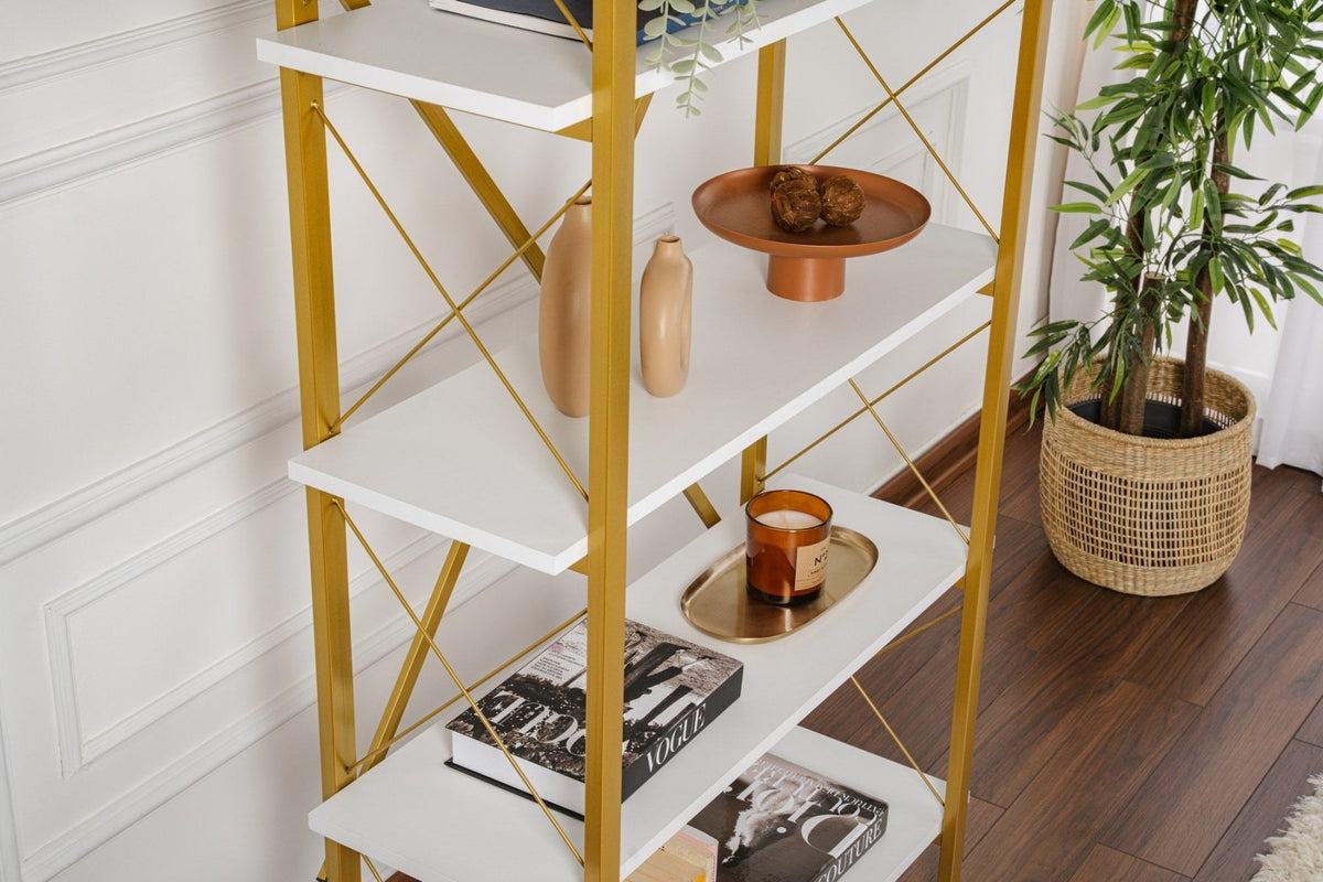 Bookcases - Modern bookcase white melamine Ely - Golden Frame - 180x90 cm - Dimehouse