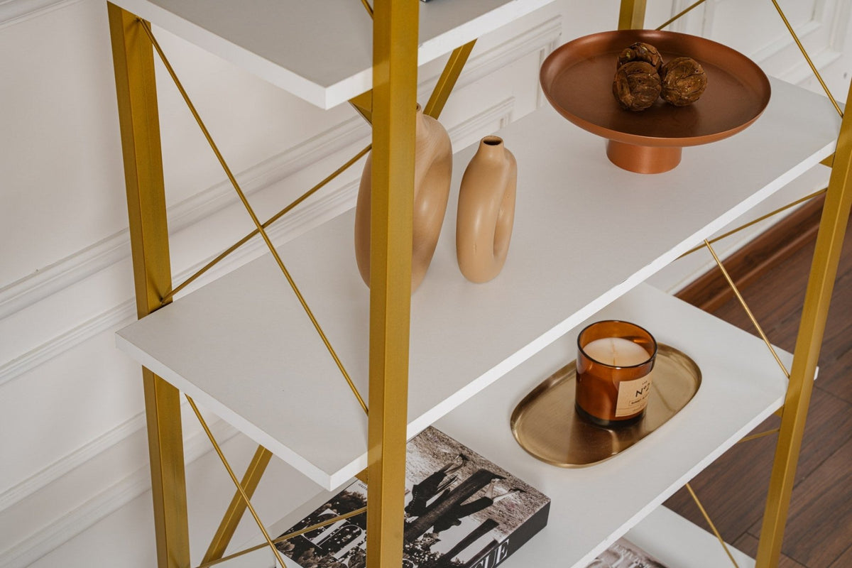 Bookcases - Modern bookcase white melamine Ely - Golden Frame - 180x90 cm - Dimehouse