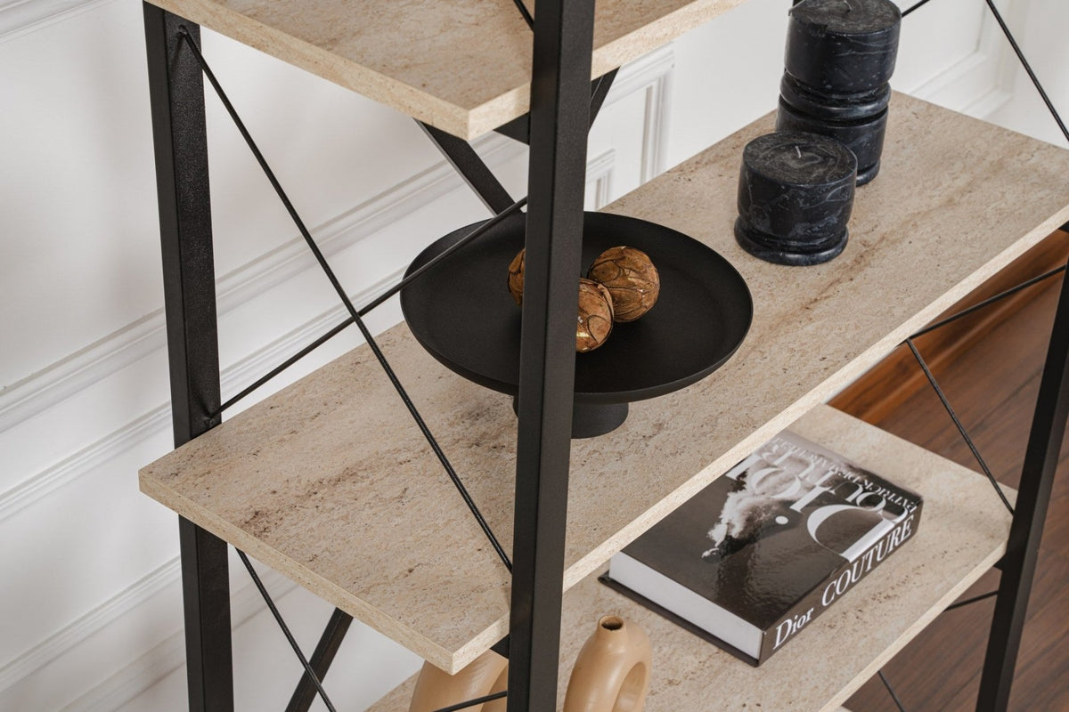 Bookcases - Industrial bookcase travertine melamine Ely - black frame - 180x90 cm - Dimehouse