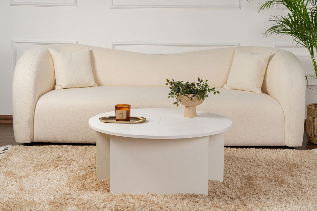 Coffee tables - Round Coffee Table Moari Wood Look White Melamine 90 cm - Dimehouse