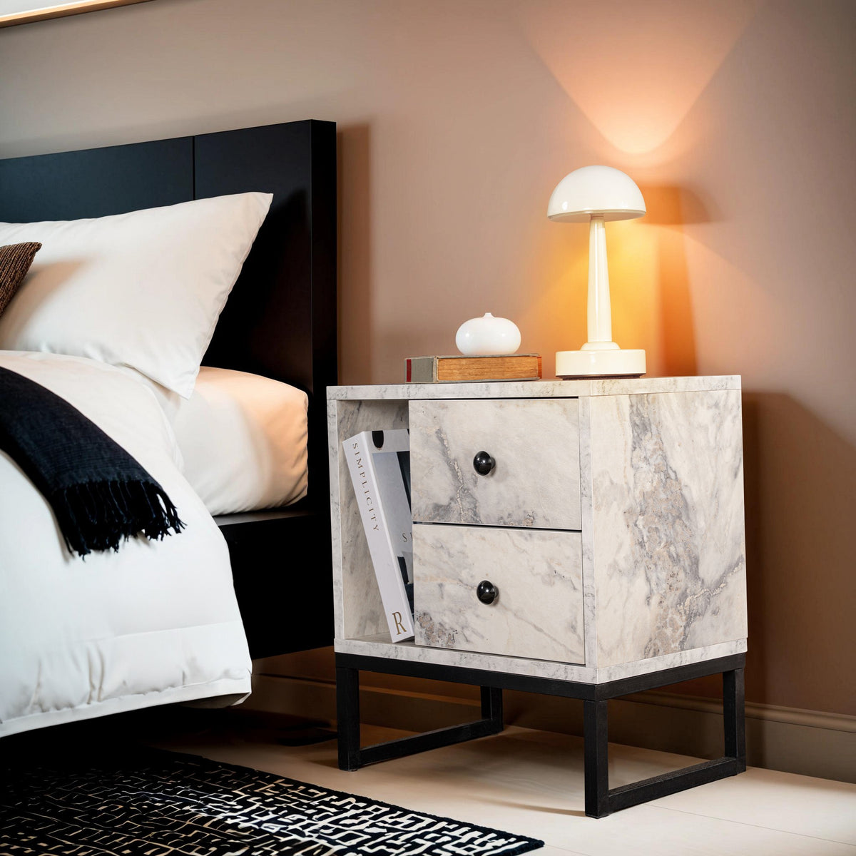 Bedside tables - Bedside table White Marble Melamine Pulsar - Black Frame - Dimehouse