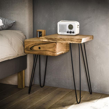 Bedside Tables - Industrial Bedside Table Aberdeen Right Acacia Wood with Drawer - Dimehouse