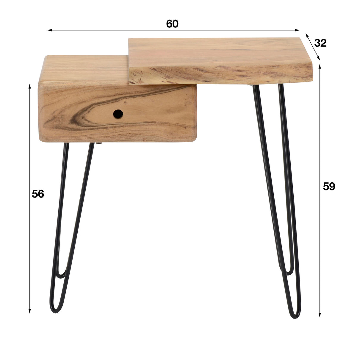 Bedside Tables - Industrial Bedside Table Aberdeen Right Acacia Wood with Drawer - Dimehouse