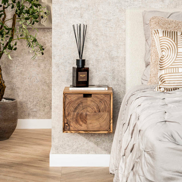 Bedside Tables - Floating Bedside Table Acacia Wood Nova with 1 Drawer - 30x25x29 cm - Dimehouse