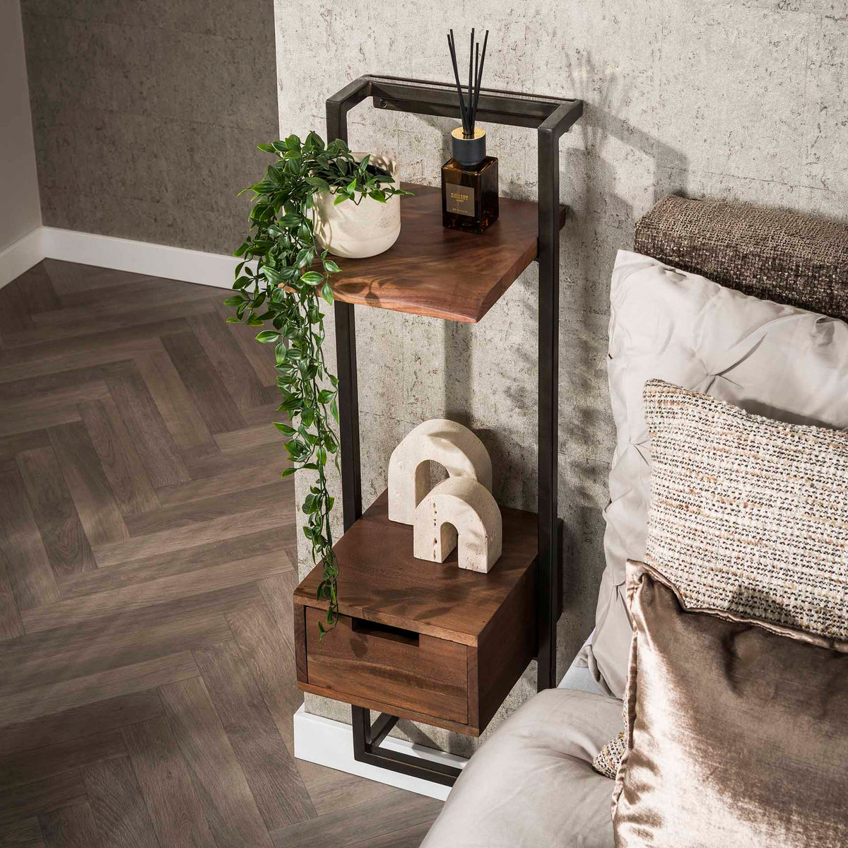 Bedside Tables - Narrow Bedside Table Industrial Naomi Acacia Wood 1 Drawer Drift Brown - Dimehouse