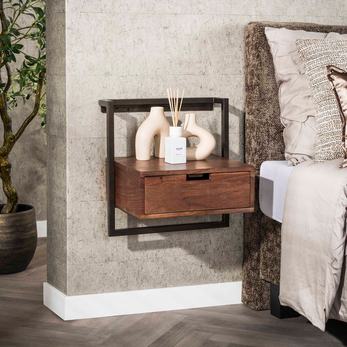 Bedside Tables - Floating Bedside Table Industrial Naomi Acacia Wood 1 Drawer Drift Brown - Dimehouse