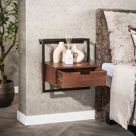 Bedside Tables - Floating Bedside Table Industrial Naomi Acacia Wood 1 Drawer Drift Brown - Dimehouse