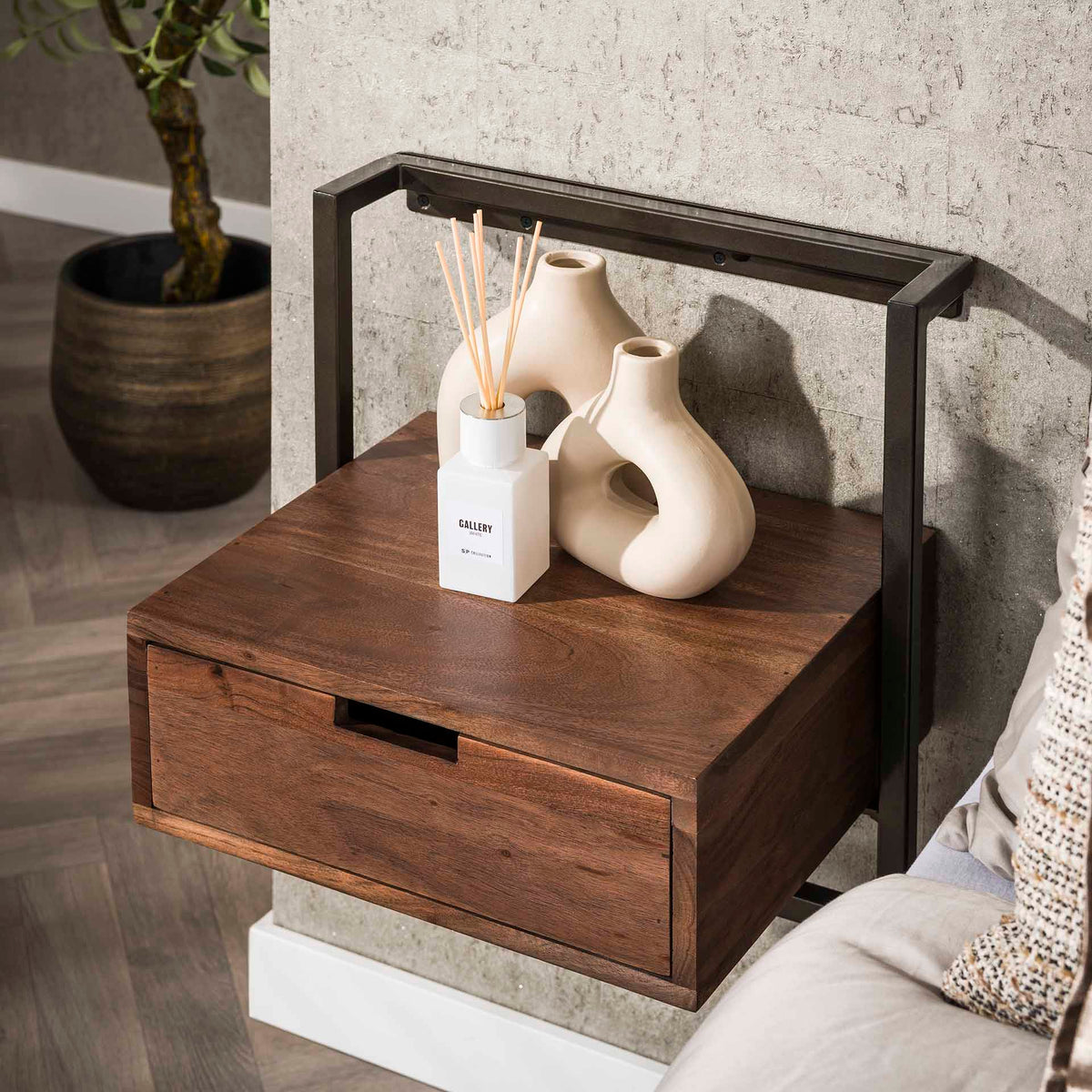 Bedside Tables - Floating Bedside Table Industrial Naomi Acacia Wood 1 Drawer Drift Brown - Dimehouse