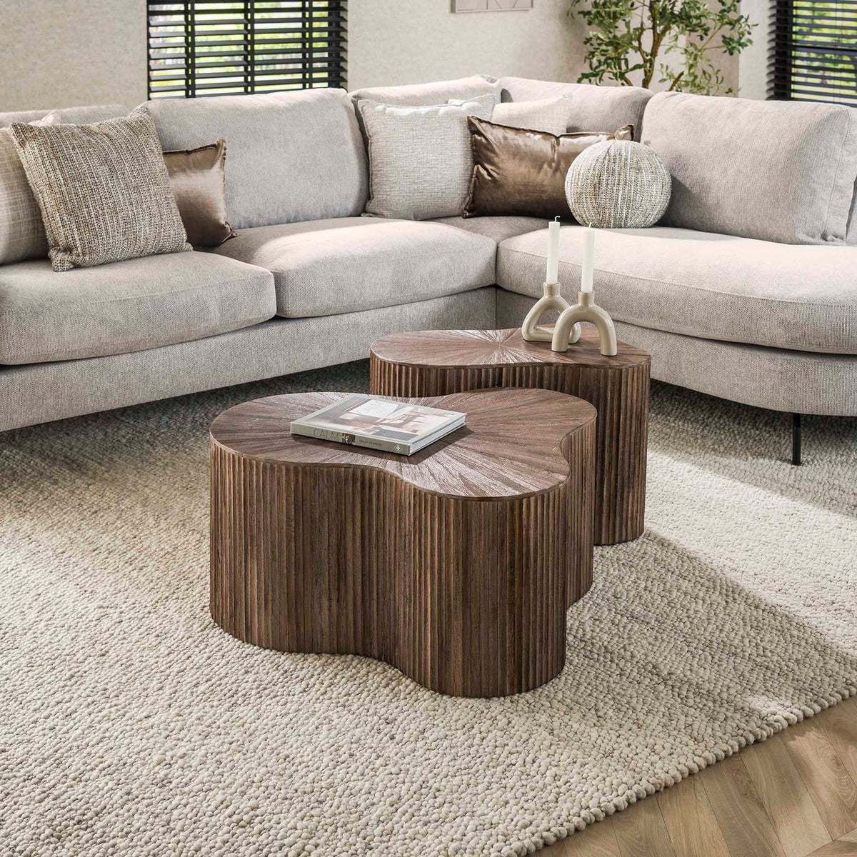 Coffee tables - Coffee table set of 2 Myla Organic shape Teak Wood Brown - Japandi - Dimehouse