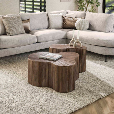 Coffee tables - Coffee table set of 2 Myla Organic shape Teak Wood Brown - Japandi - Dimehouse