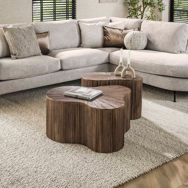 Coffee tables - Coffee table set of 2 Myla Organic shape Teak Wood Brown - Japandi - Dimehouse