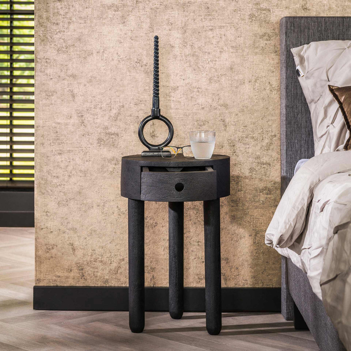 Bedside tables - Round Davey Bedside Table Black Acacia Wood 1 drawer - Dimehouse