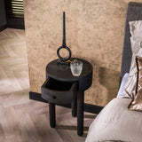 Bedside tables - Round Davey Bedside Table Black Acacia Wood 1 drawer - Dimehouse
