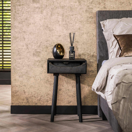 Bedside tables - Davey Bedside Table Black Acacia Wood with Drawer and Notch - Dimehouse