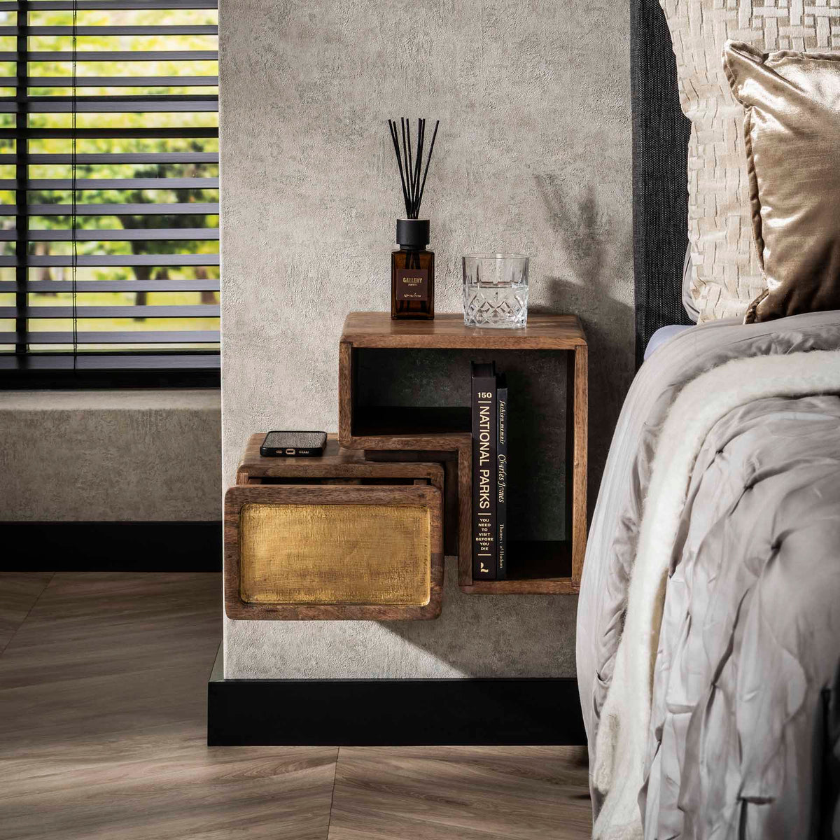 Bedside Tables - Solano Set of 2 Bedside Tables Solid Mango Sand Brass - Dimehouse