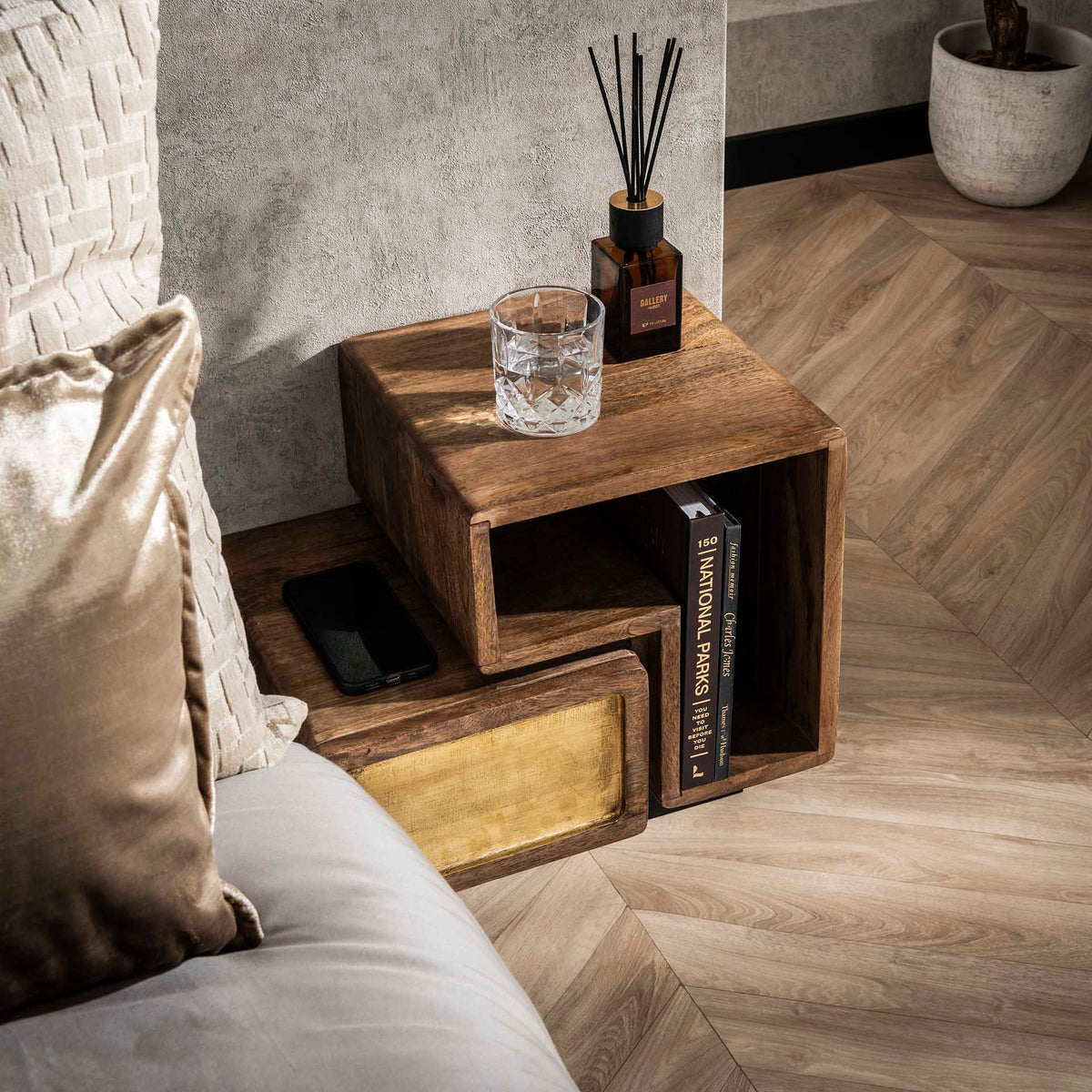 Bedside Tables - Solano Set of 2 Bedside Tables Solid Mango Sand Brass - Dimehouse