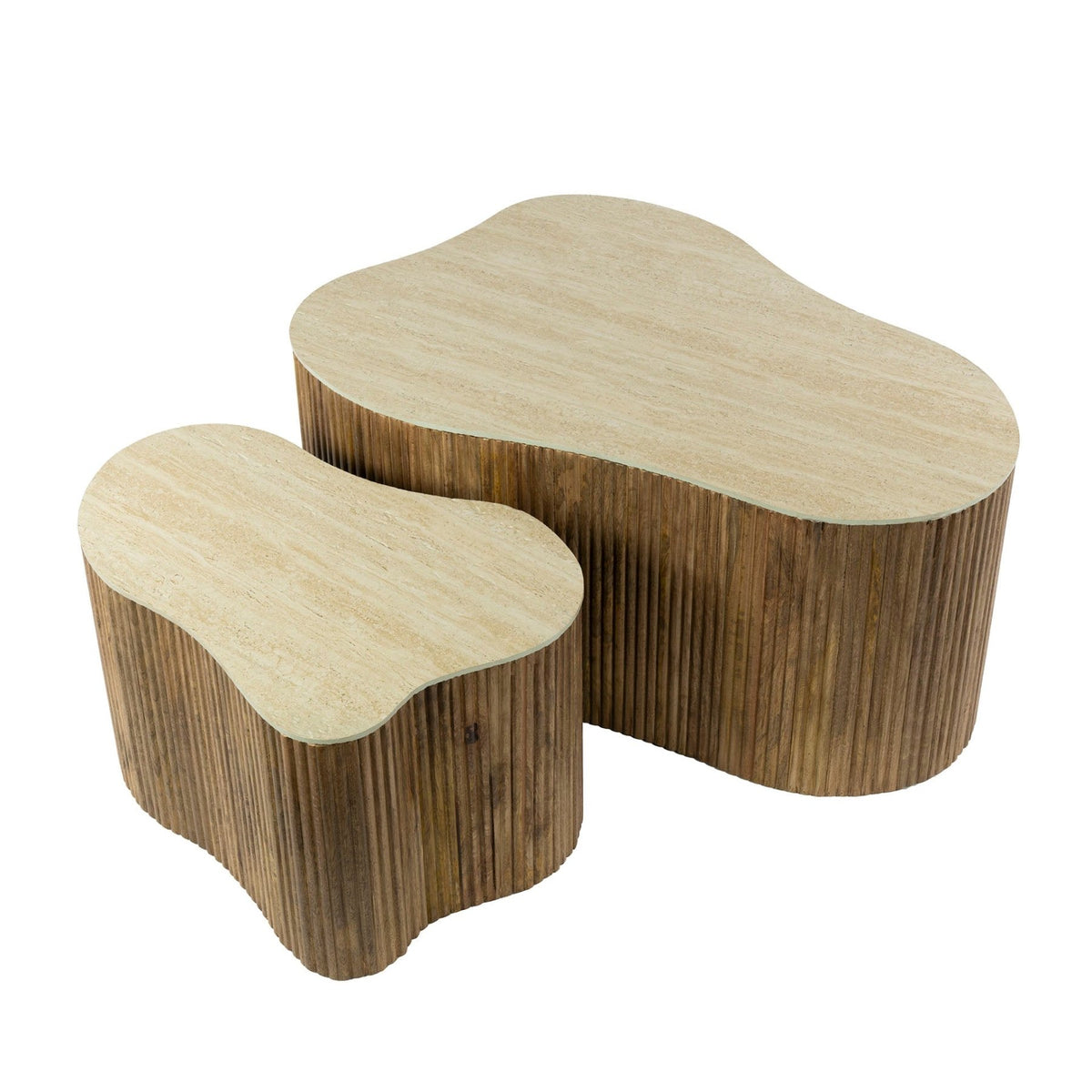 Coffee tables - Vento Set of 2 organic coffee tables in sand color Mango wood ceramic travertine - Dimehouse