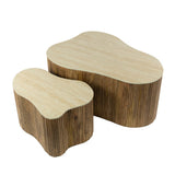 Coffee tables - Vento Set of 2 organic coffee tables in sand color Mango wood ceramic travertine - Dimehouse