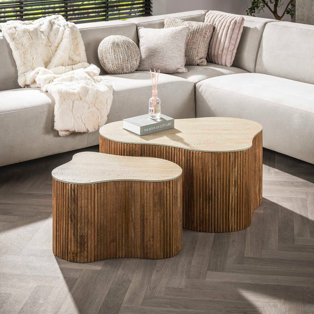 Coffee tables - Vento Set of 2 organic coffee tables in sand color Mango wood ceramic travertine - Dimehouse