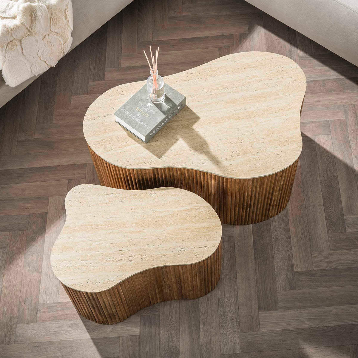 Coffee tables - Vento Set of 2 organic coffee tables in sand color Mango wood ceramic travertine - Dimehouse