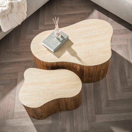 Coffee tables - Vento Set of 2 organic coffee tables in sand color Mango wood ceramic travertine - Dimehouse