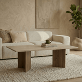 Coffee tables - Rectangular coffee table walnut melamine with travertine top Sabin 119x60 cm - Dimehouse
