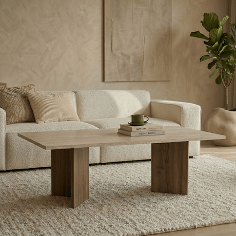 Coffee tables - Rectangular coffee table walnut melamine with travertine top Sabin 119x60 cm - Dimehouse