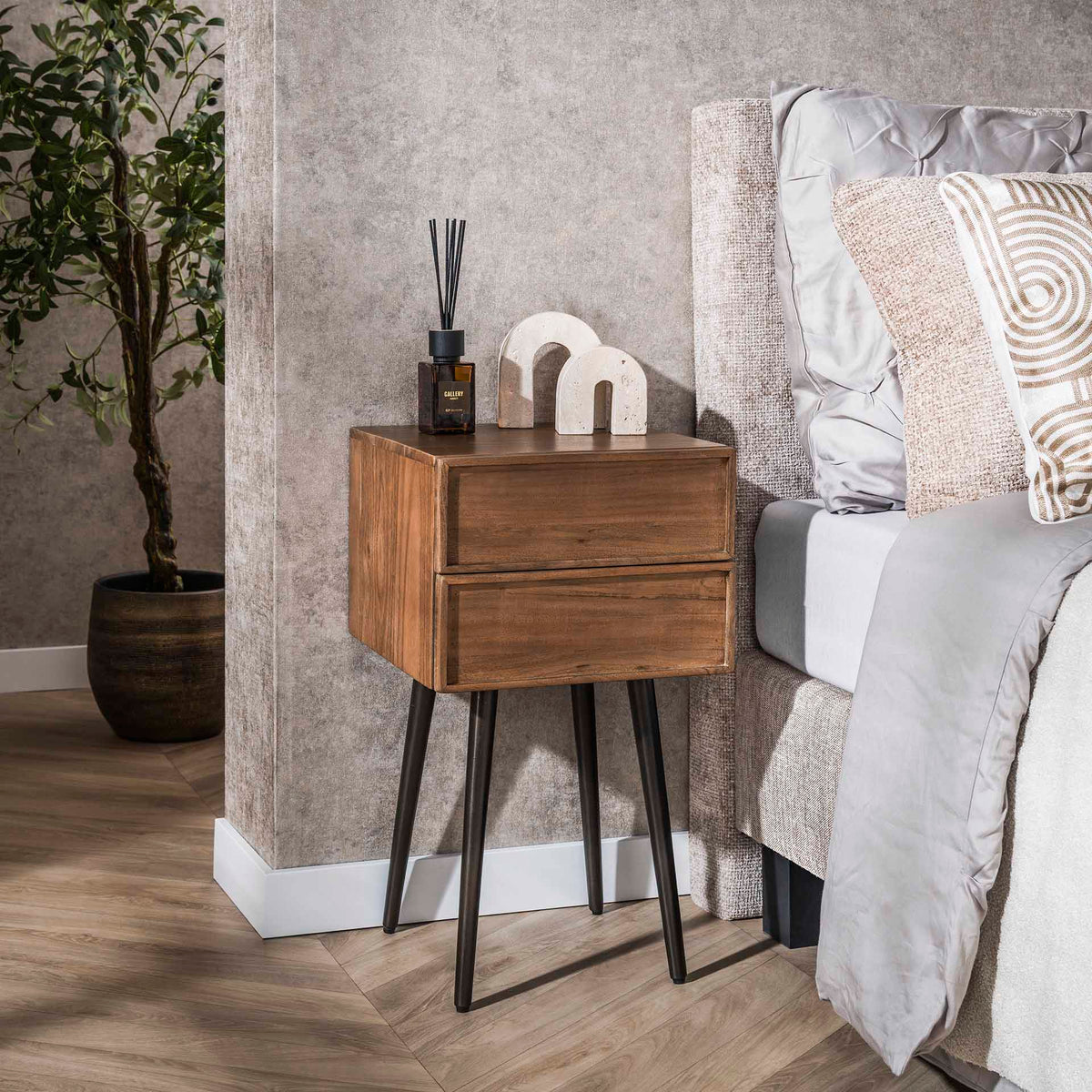 Bedside tables - Bedside table Lio Acacia Drift Brown 2 Drawers - Dimehouse