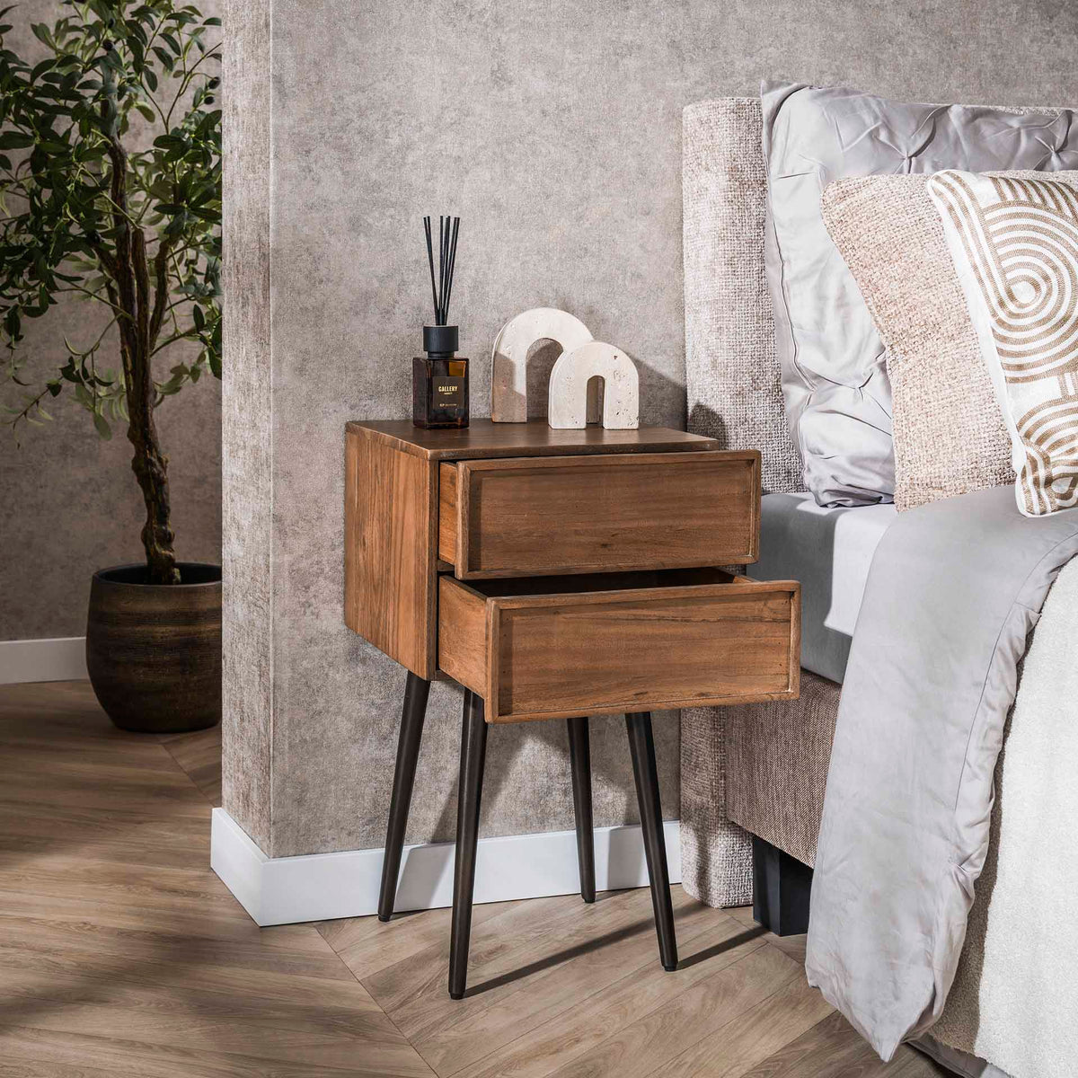 Bedside tables - Bedside table Lio Acacia Drift Brown 2 Drawers - Dimehouse