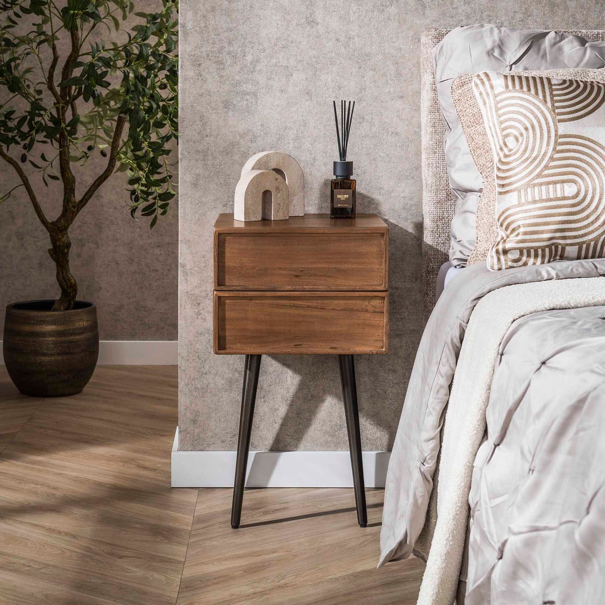 Bedside tables - Bedside table Lio Acacia Drift Brown 2 Drawers - Dimehouse