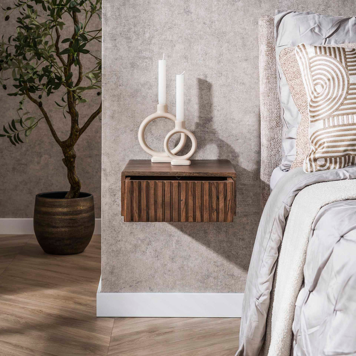 Bedside tables - Floating bedside table Dex Acacia wood Drift brown 1 drawer - Dimehouse