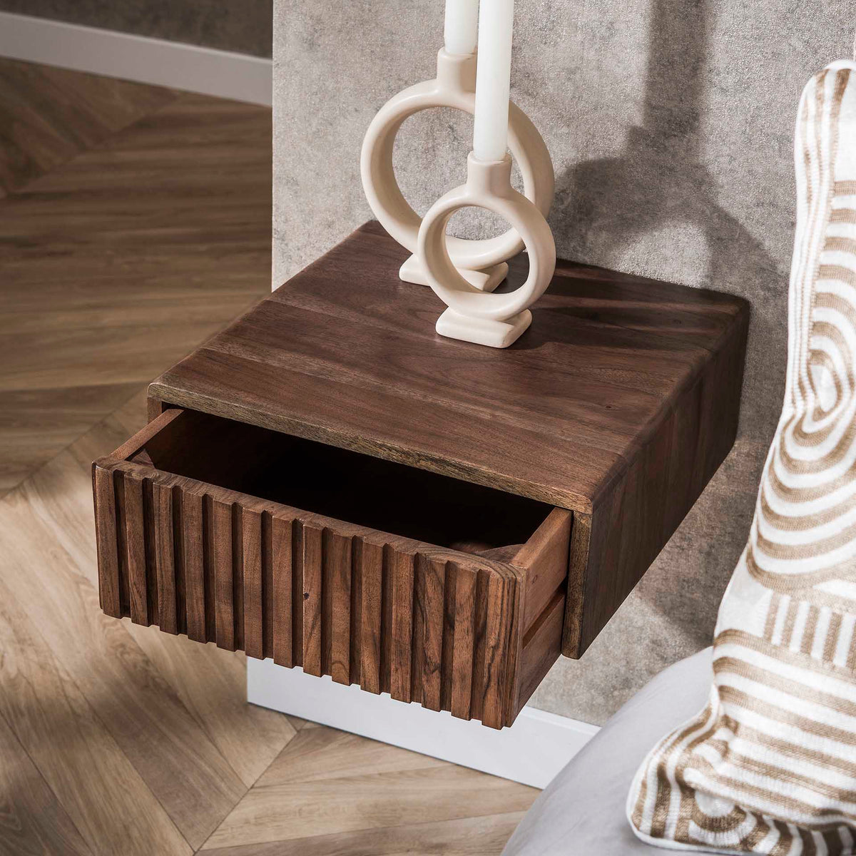 Bedside tables - Floating bedside table Dex Acacia wood Drift brown 1 drawer - Dimehouse