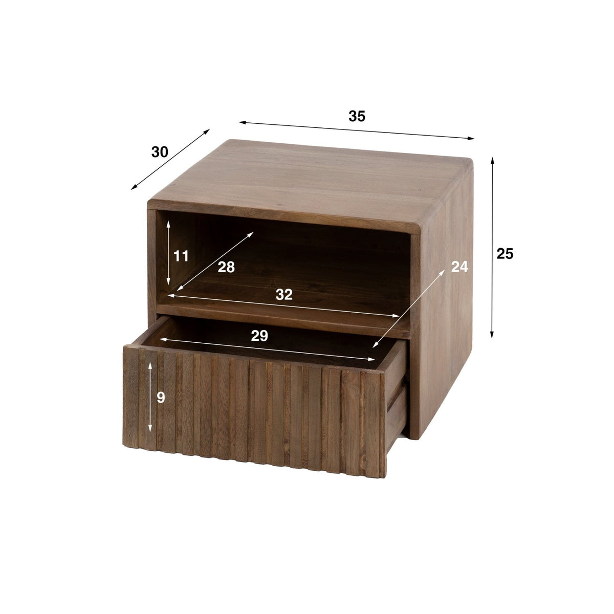Bedside Tables - Floating Bedside Table Dex Acacia Wood Drift Brown 1 Drawer Open Compartment - Dimehouse