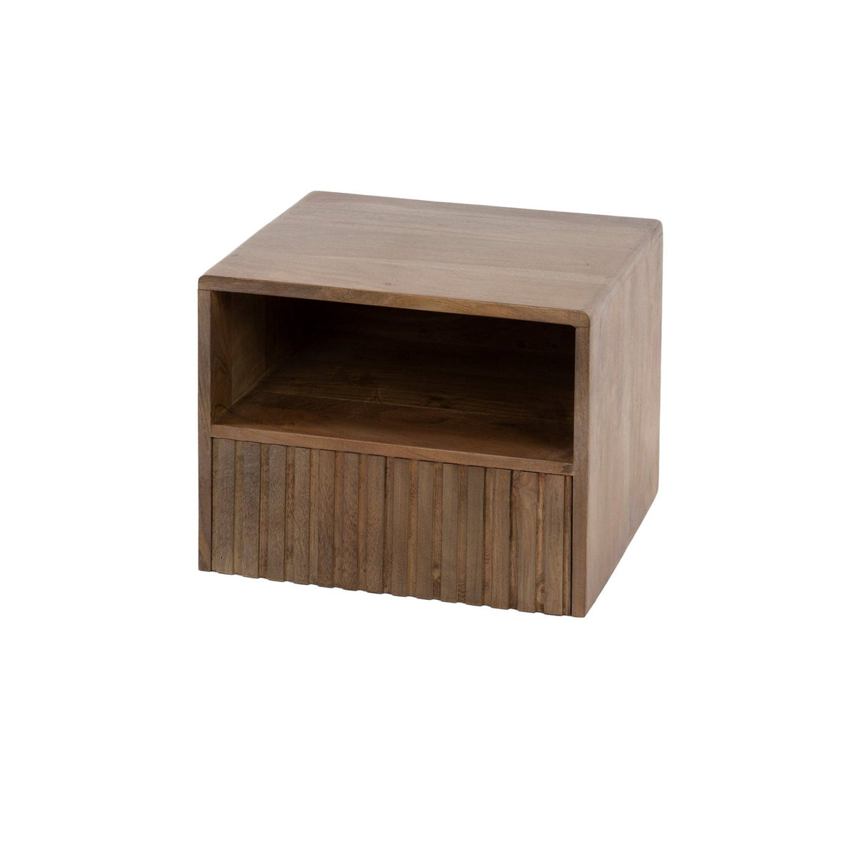 Bedside Tables - Floating Bedside Table Dex Acacia Wood Drift Brown 1 Drawer Open Compartment - Dimehouse
